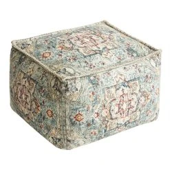 World Market Rectangular Blue Floral Carpet Print Pouf