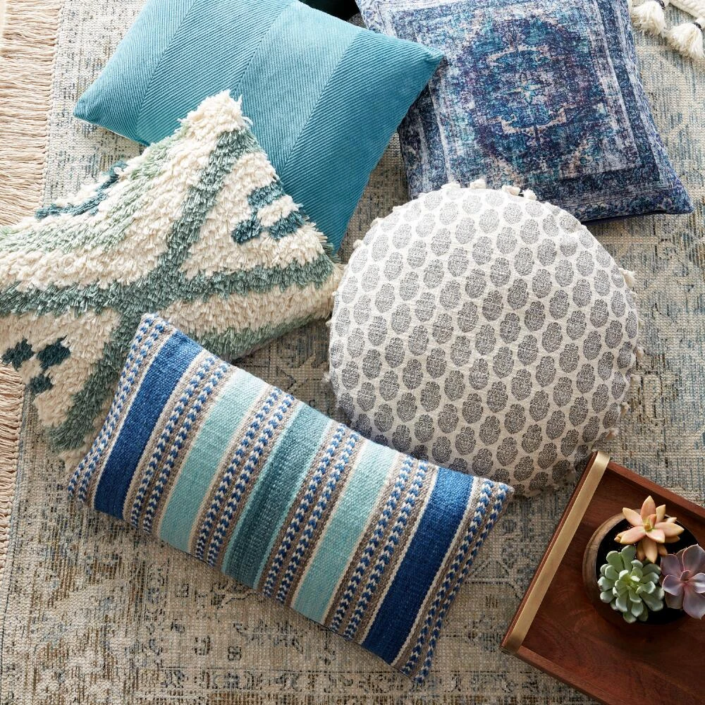 World Market Blue Woven Stripe Indoor Outdoor Lumbar Pillow - Image 2