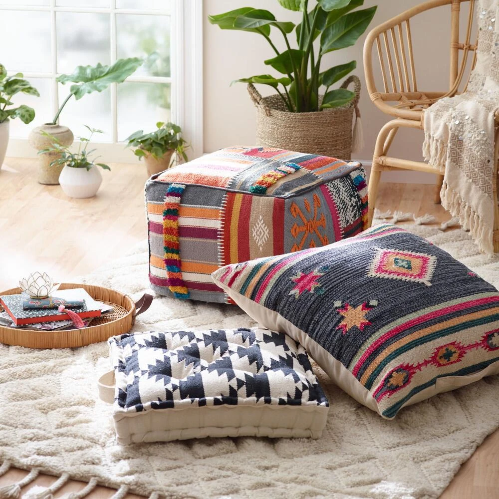 World Market Black and White Dhurrie Weave Floor Cushion - Image 2