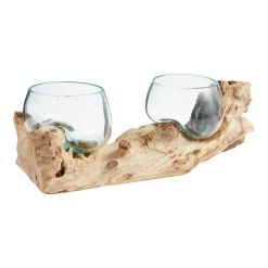 World Market Natural Driftwood and Blown Glass Double Bowl Decor