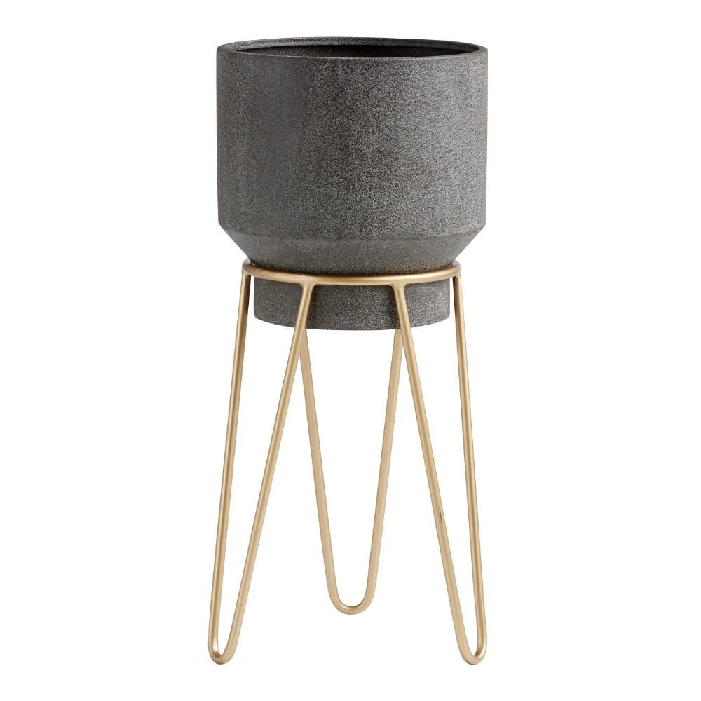 World Market Tapered Black Metal Planter With Gold Hairpin Stand