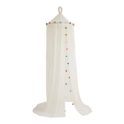 World Market White Indian Cotton Gauze Canopy With Pom Poms