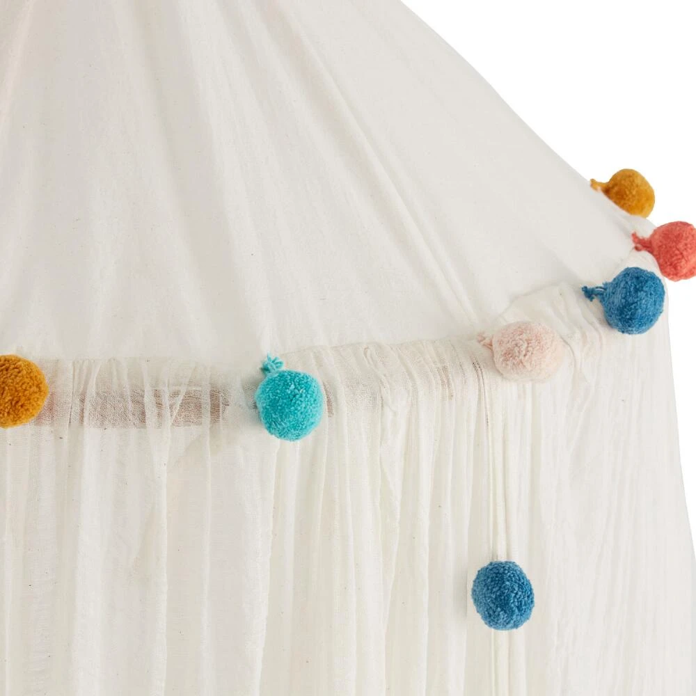 World Market White Indian Cotton Gauze Canopy With Pom Poms - Image 2