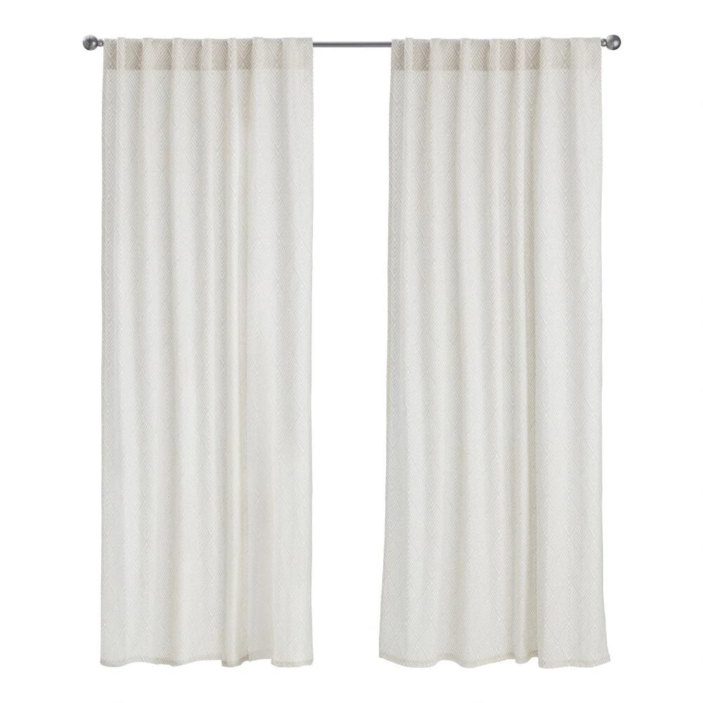 World Market White And Tan Diamond Cotton Sleeve Top Curtains Set of 2 - Image 2