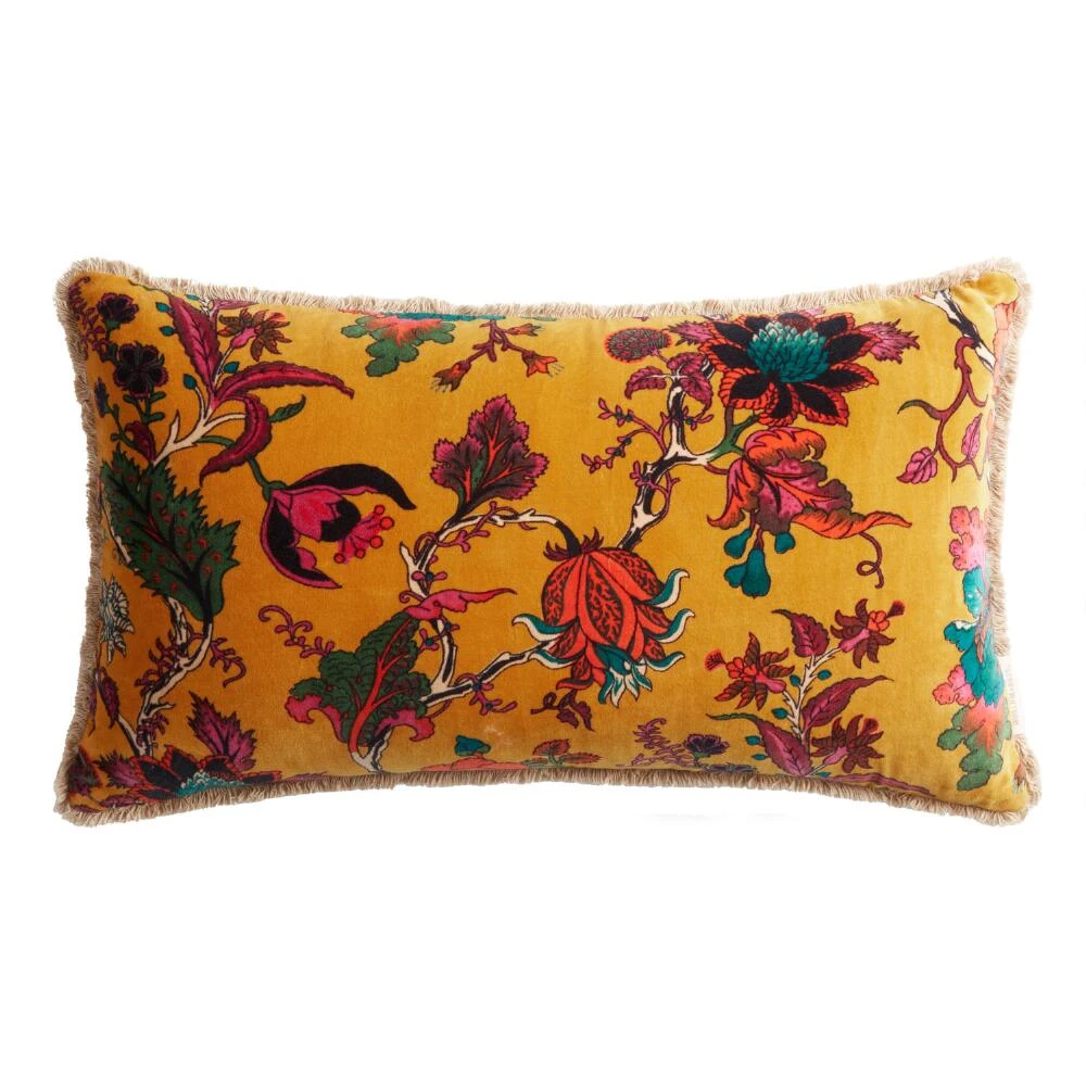 World Market Bright Gold Velvet Floral Lumbar Pillow