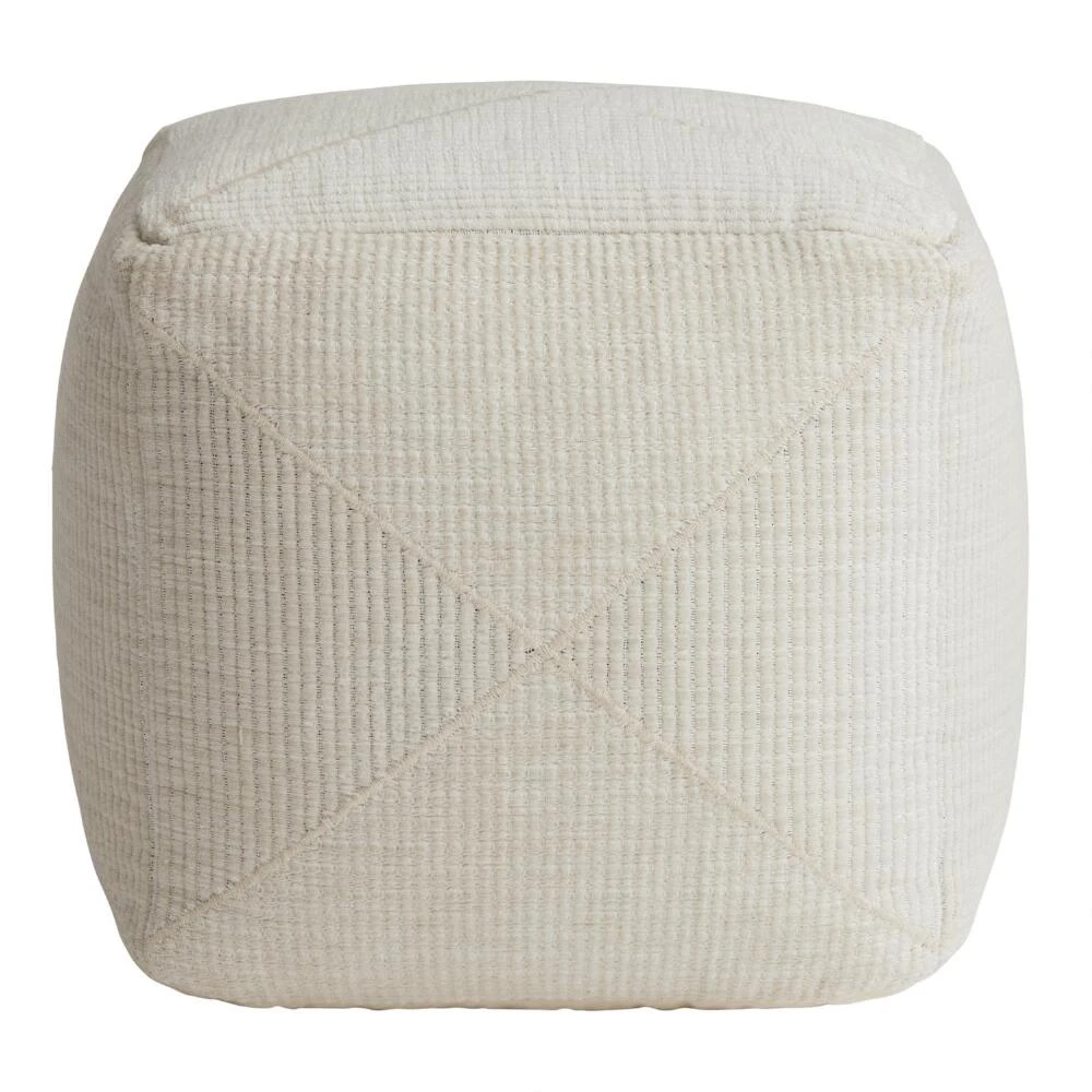 World Market Square Ivory Plush Textured Pouf - Image 3