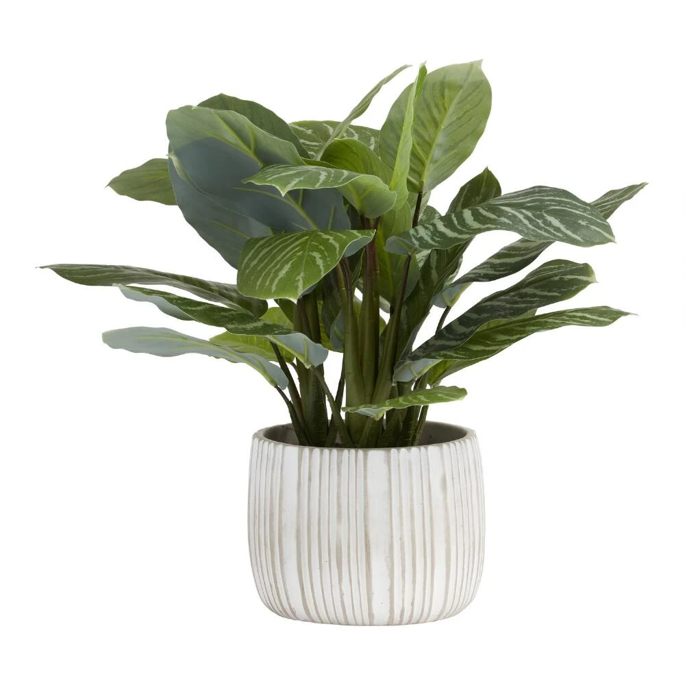 World Market Faux Philodendron Birkin Plant in White Striped Pot