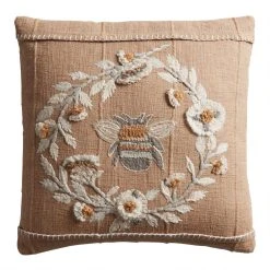 World Market Taupe Embroidered Bee Throw Pillow