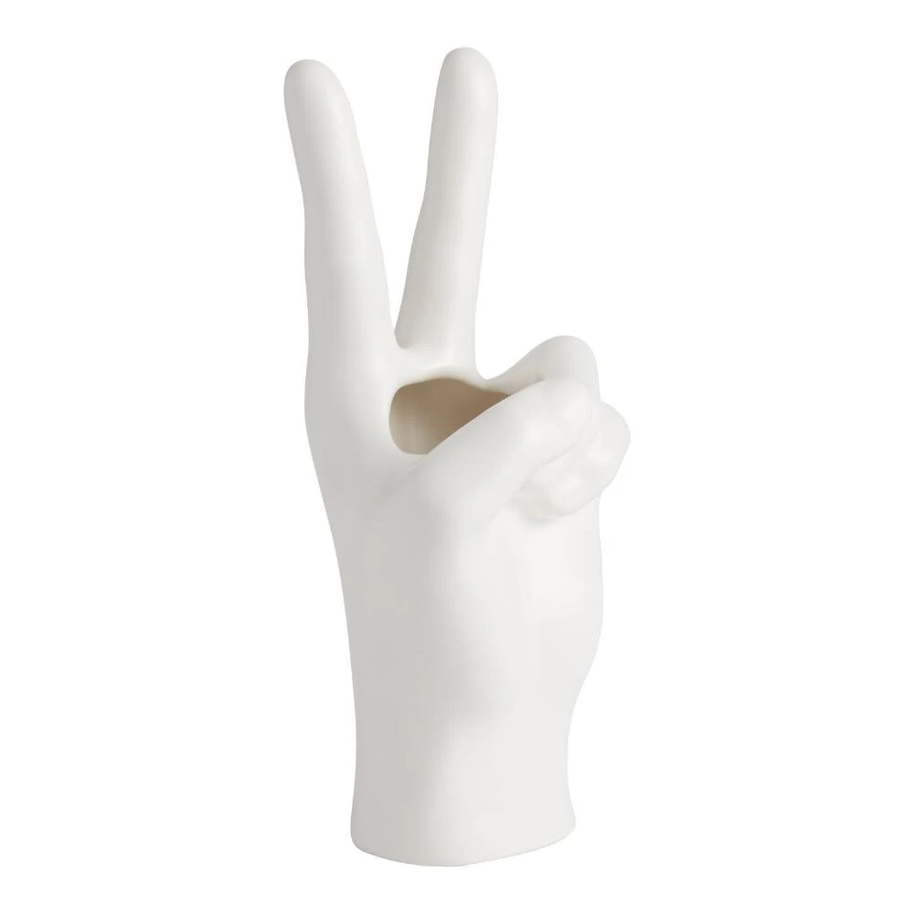 World Market White Peace Sign Ceramic Hand Vase