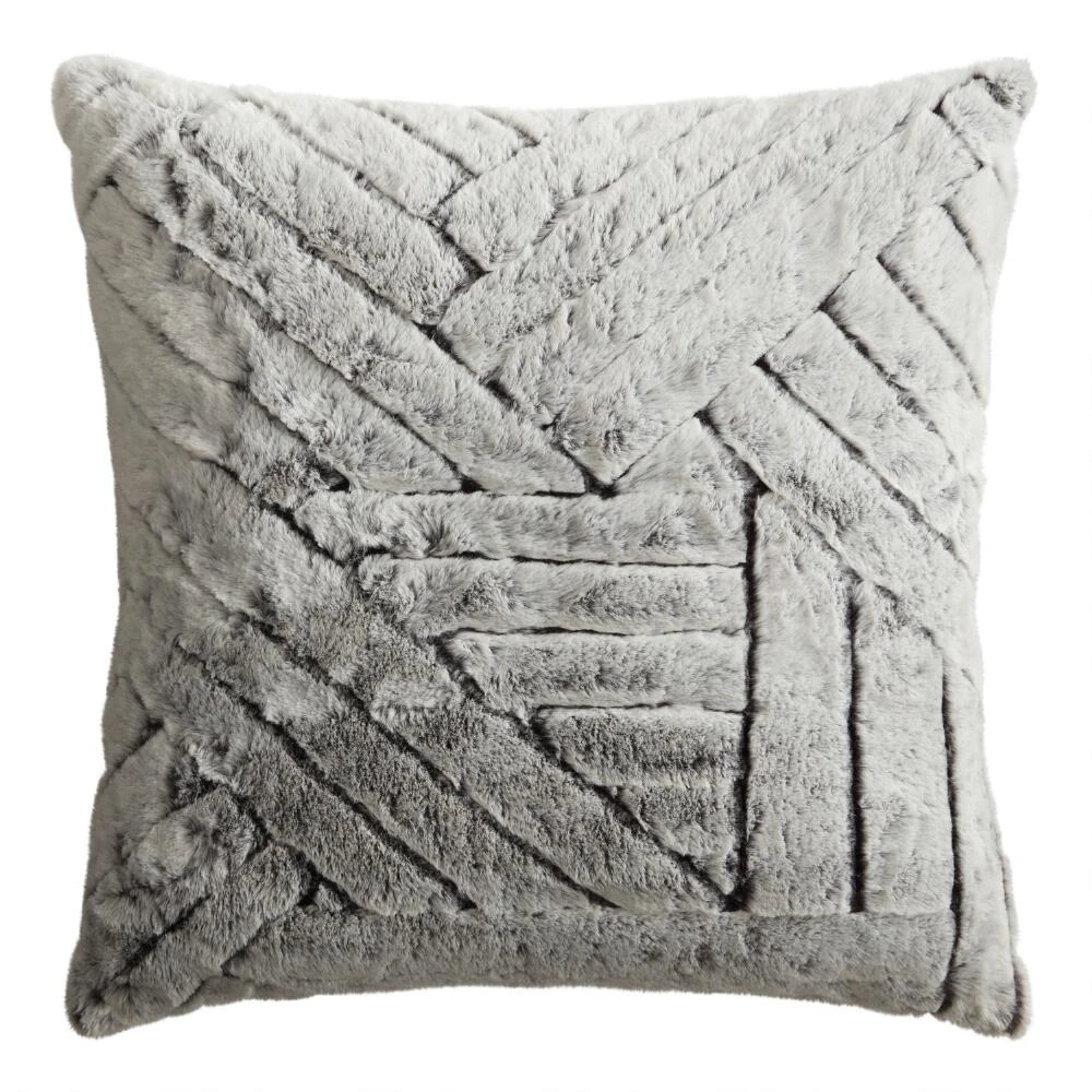 World Market Gray Faux Fur Basketweave Throw Pillow