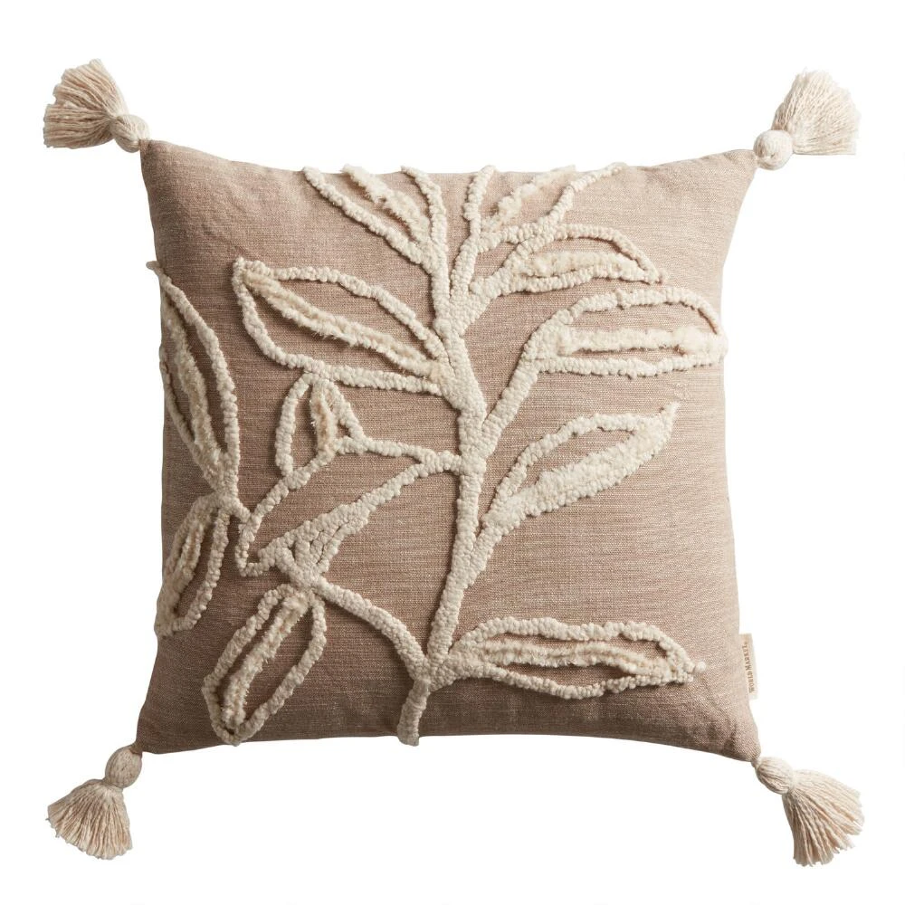 World Market Natural Embroidered Leaf Throw Pillow