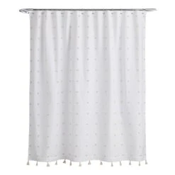 World Market Ellie White And Ivory Embroidered Pom Pom Shower Curtain
