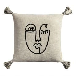 World Market Ivory Embroidered Abstract Face Throw Pillow