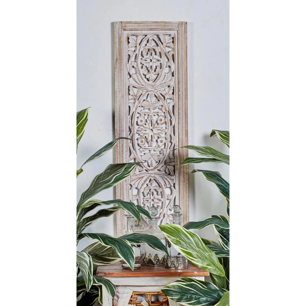 World Market Distressed Mango Wood Carved Floral Panel Wall Decor - Image 2