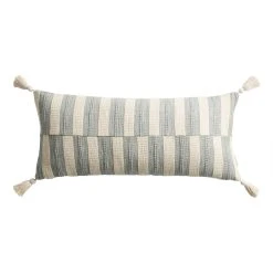 World Market Extra Wide Aqua And Ivory Broken Stripe Lumbar Pillow