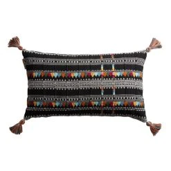 World Market Black Multicolor Embroidered Lumbar Pillow