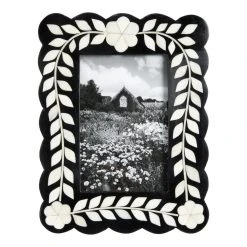 World Market Black and White Scalloped Floral Inlay Bone Frame