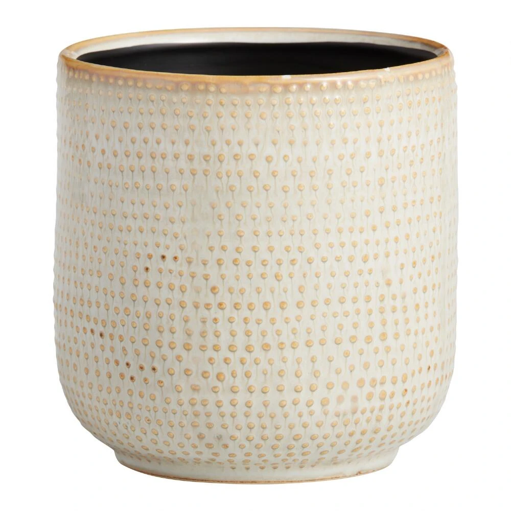 World Market Ivory Striped Dot Ceramic Planter