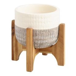 World Market Ivory And Gray Two Tone Ceramic Planter With Wood Stand