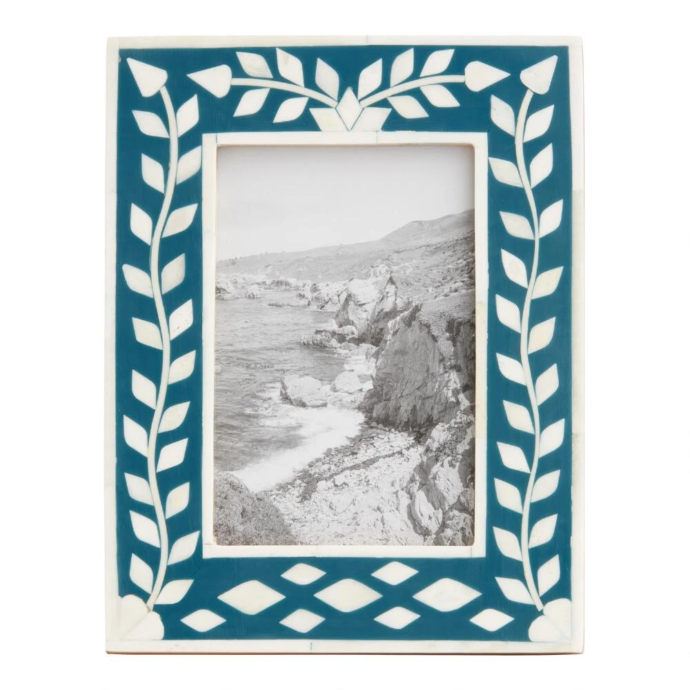 World Market Blue Floral Inlay Bone Frame
