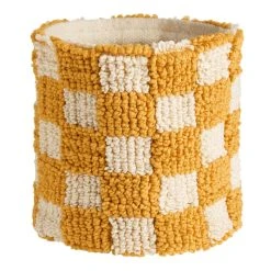 World Market Mustard Checkered Textile Planter Pot Cover