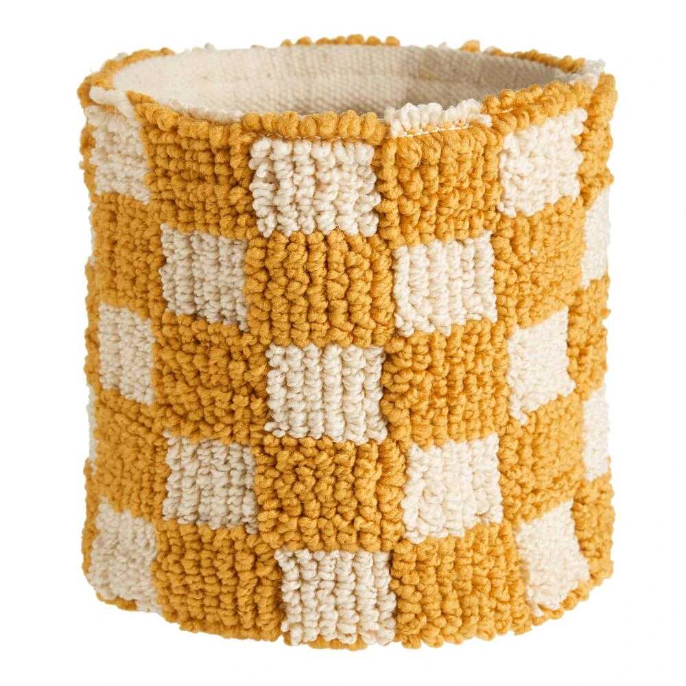 World Market Mustard Checkered Textile Planter Pot Cover