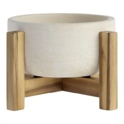 World Market White Ceramic Planter With Wood Stand