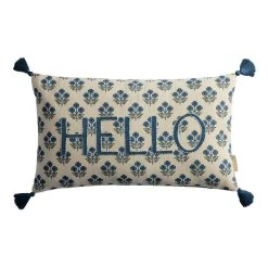 World Market Teal Floral Embroidered Hello Lumbar Pillow