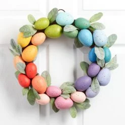 World Market Bright Rainbow Easter Egg and Faux Lambs Ear Wreath