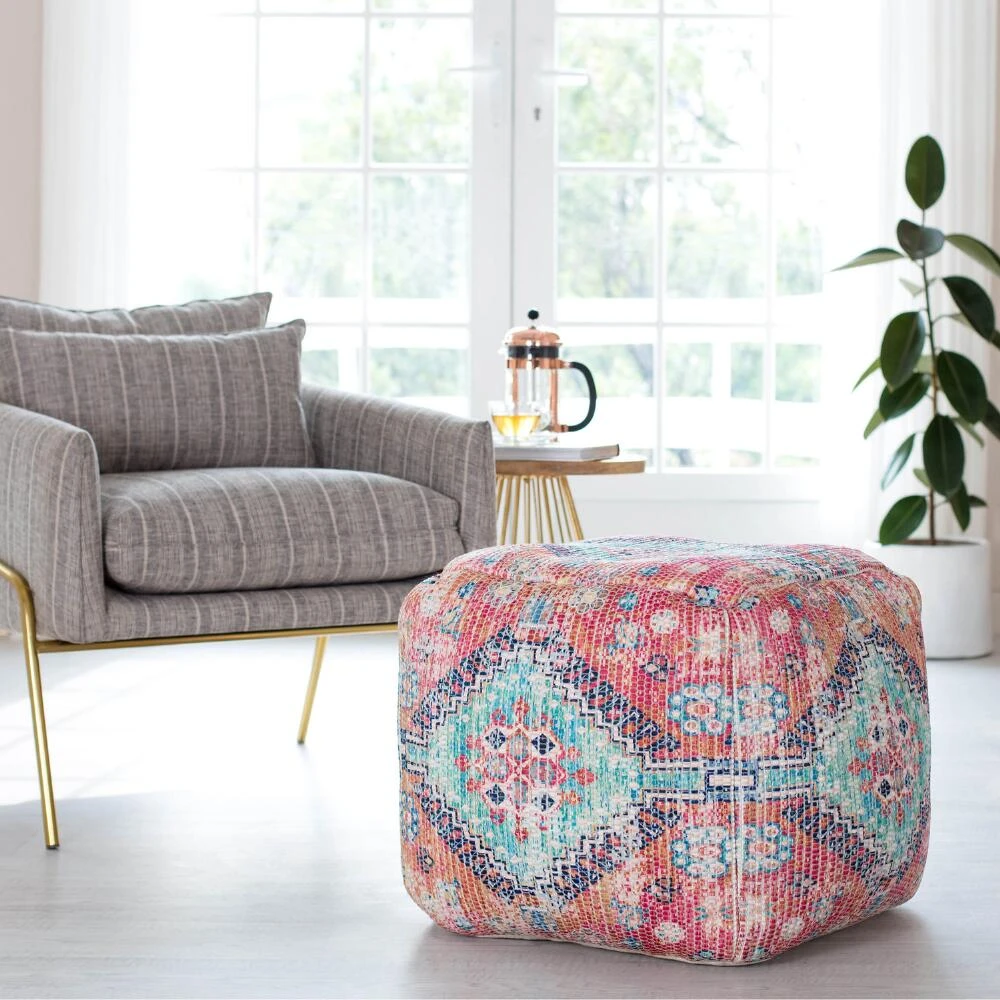 World Market Square Orange And Blue Vintage Medallion Pouf - Image 3