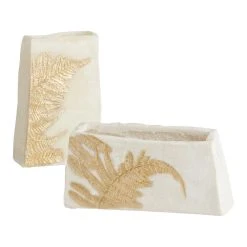 World Market White and Gold Resin Embossed Fern Vase