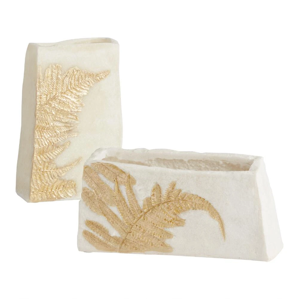 World Market White and Gold Resin Embossed Fern Vase