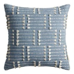 World Market Light Blue and Ivory Fringe Line Throw Pillow