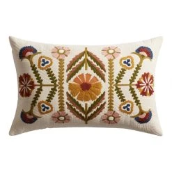 World Market Embroidered Autumn Floral Lumbar Pillow