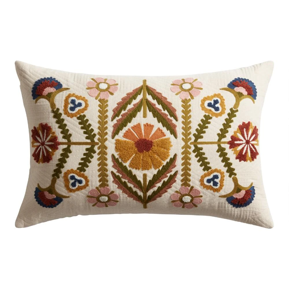 World Market Embroidered Autumn Floral Lumbar Pillow