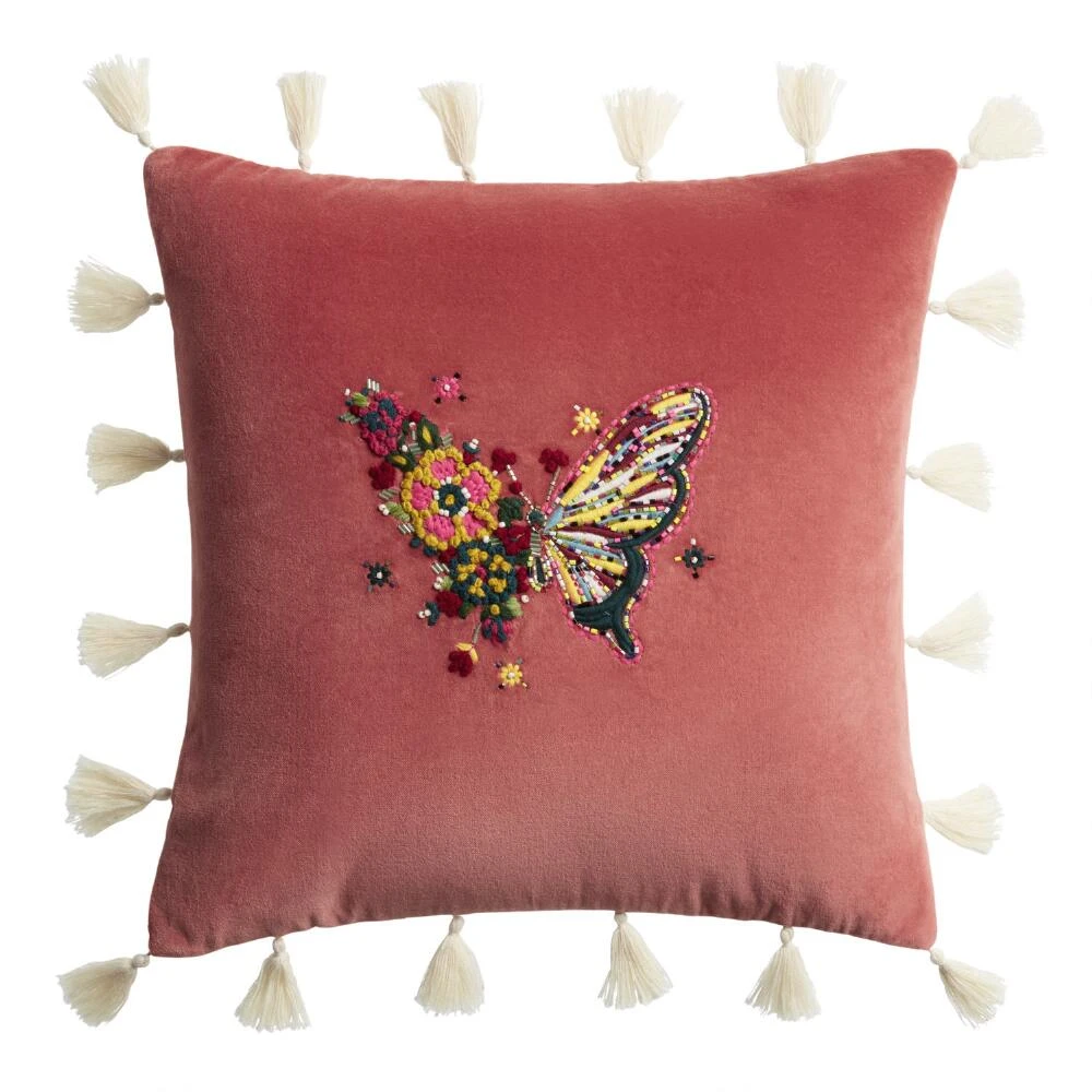 World Market Coral Velvet Beaded Embroidered Butterfly Throw Pillow