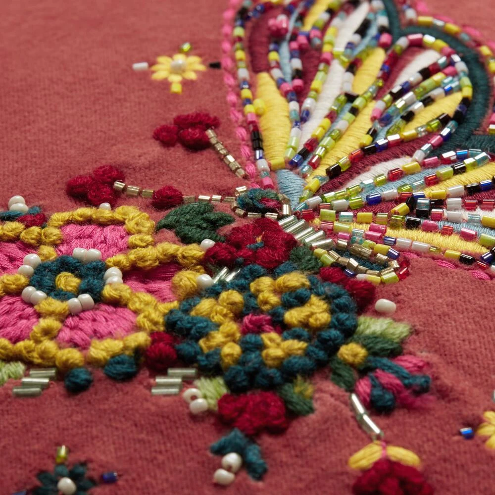 World Market Coral Velvet Beaded Embroidered Butterfly Throw Pillow - Image 5