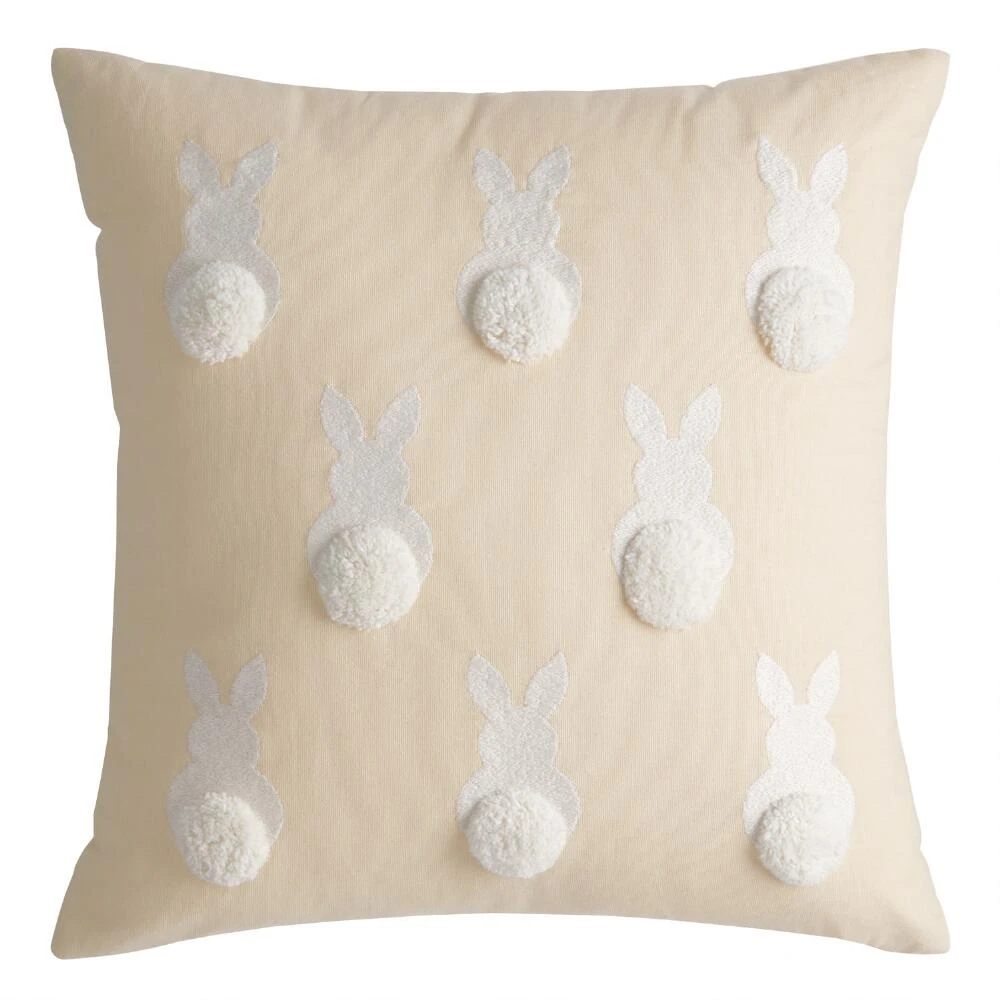 World Market Oatmeal And White Bunny Rabbit Pom Tail Throw Pillow