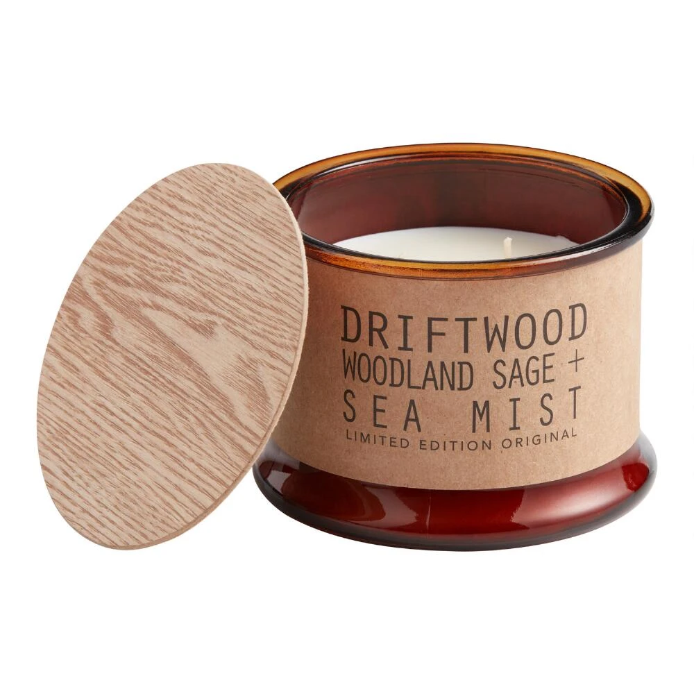 World Market Amber Glass Driftwood and Sea Mist 2 Wick Scented Candle